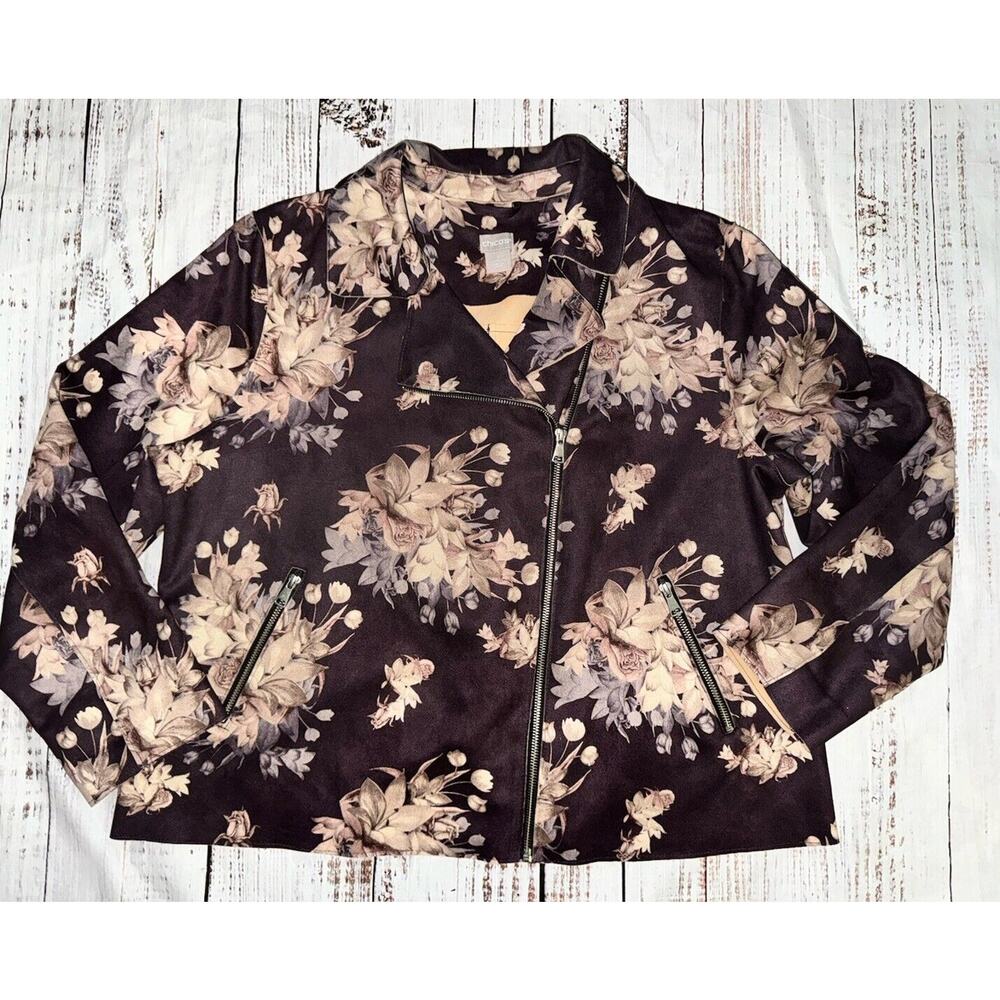 CHICOS Women's Sueded Floral Moto Jacket Size 3‎ 16/18 PLUS